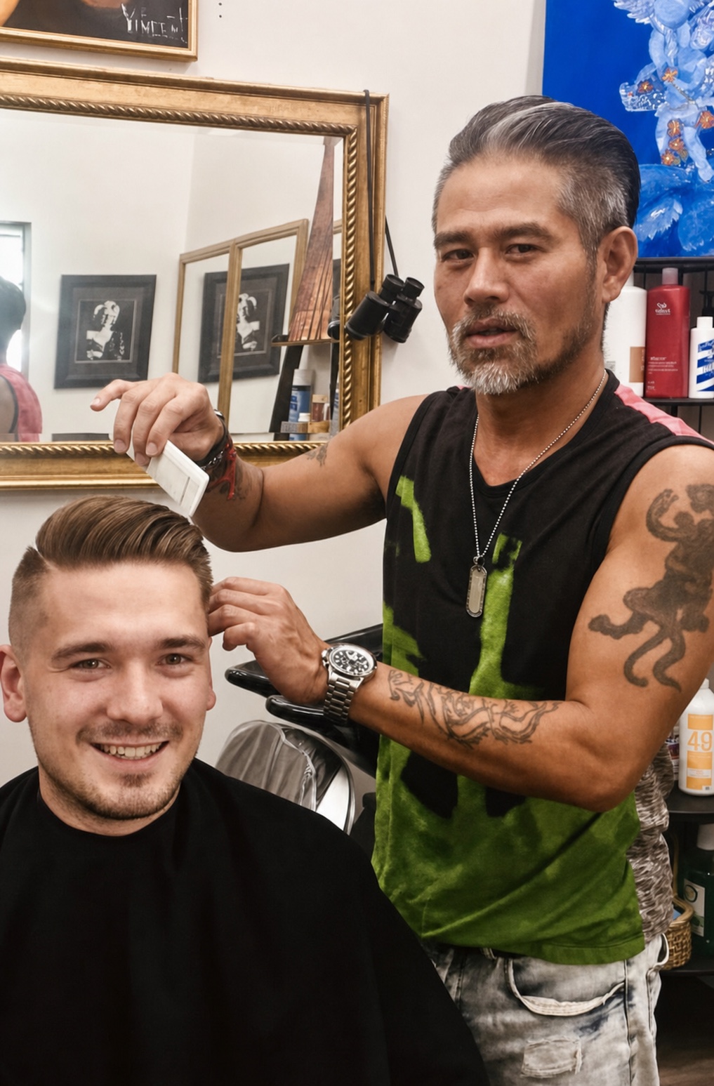 Vincent Nguyen styling a client's swept-back haircut