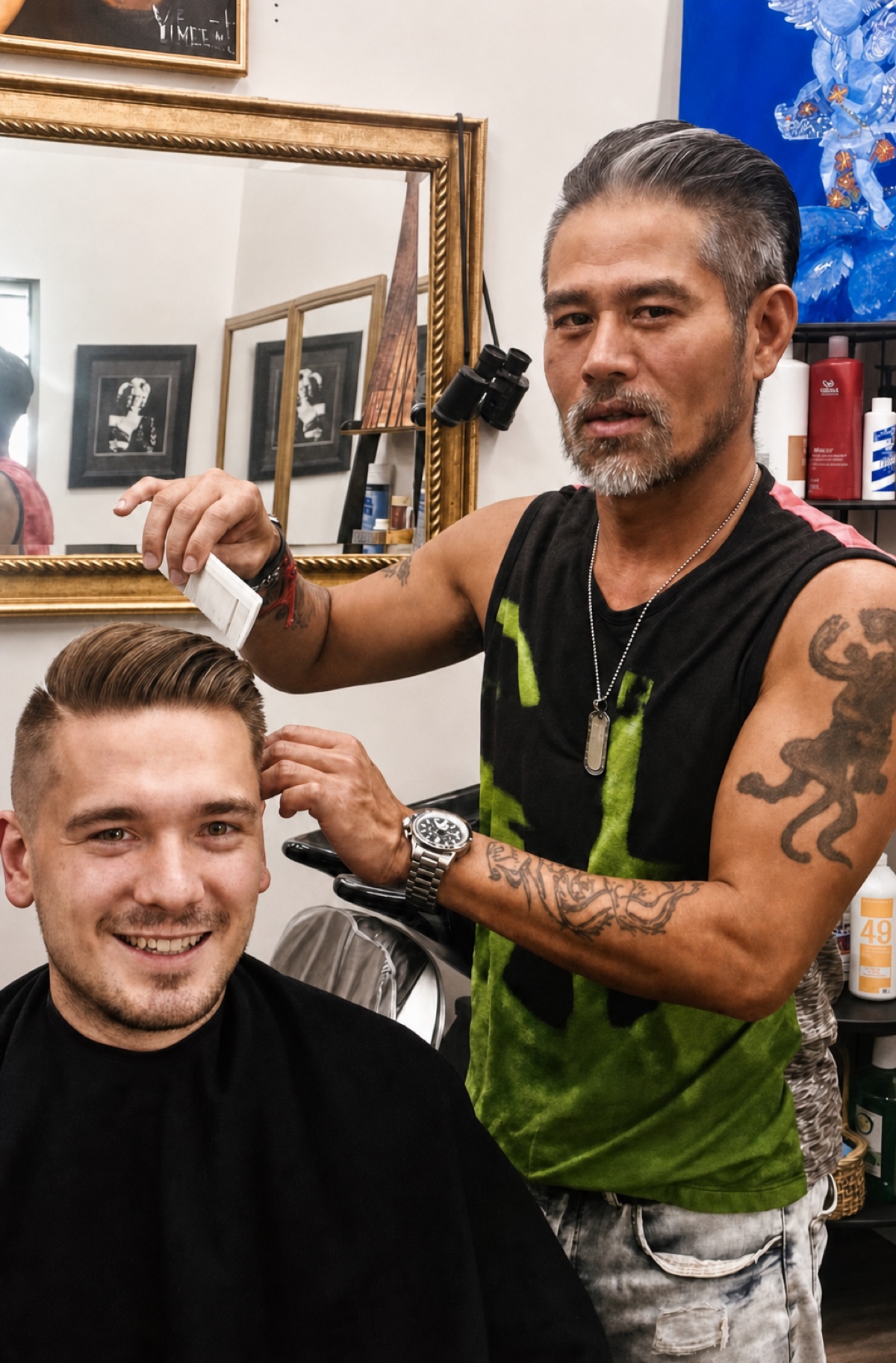 Vincent Nguyen styling a client's swept-back haircut